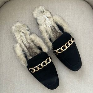 Shoedazzle Bechara Embellished Faux Fur/Faux Suede Slip-on